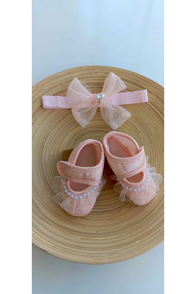 Bilge Trend Pearl Detailed Tulle Booties and Bandana Set for Baby Girl