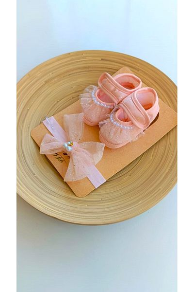 Bilge Trend Pearl Detailed Tulle Booties and Bandana Set for Baby Girl