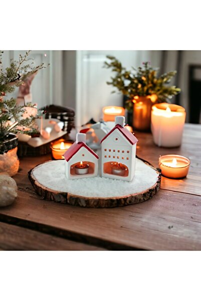 Binbirdemet Seramik 2'li Küçük Set Ev Figürlü Dekoratif Mumluk Kırmızı