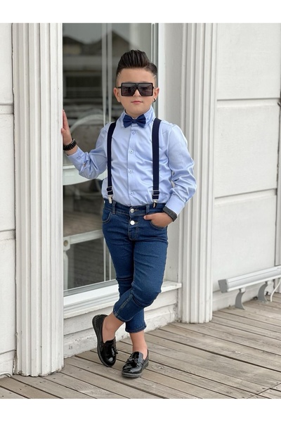 Calisa Boy's Strappy Jeans Trousers Shirt Bow Tie Holiday Suit Combination