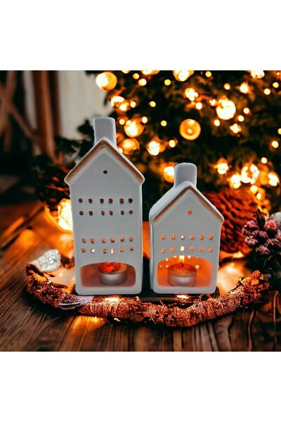 Binbirdemet Seramik 2'li Set Ev Figürlü Dekoratif Mumluk Bronz