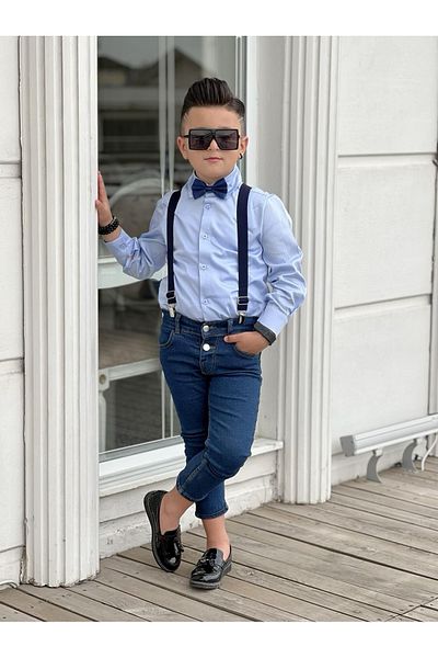 Calisa Băiat Bretele Blugi Pantaloni Cămașă Papion Costum de sărbătoare Combinație