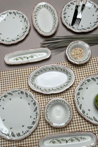 tabakevi PLATE HOUSE Stoneware Flower Green Breakfast Set for 6 People 14 Pieces