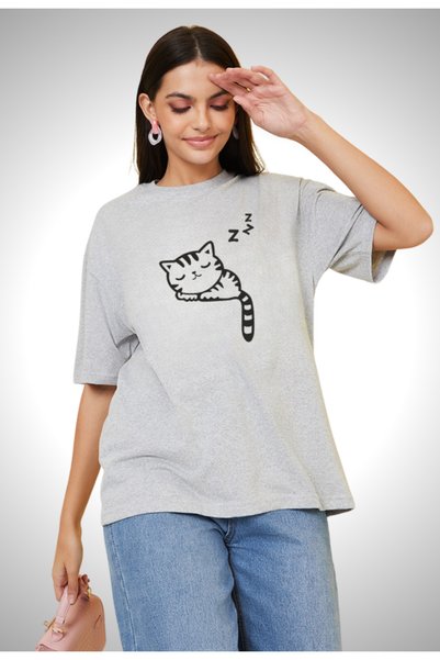 MODA MOSAIC Tricou oversize din bumbac cu imprimeu de pisici