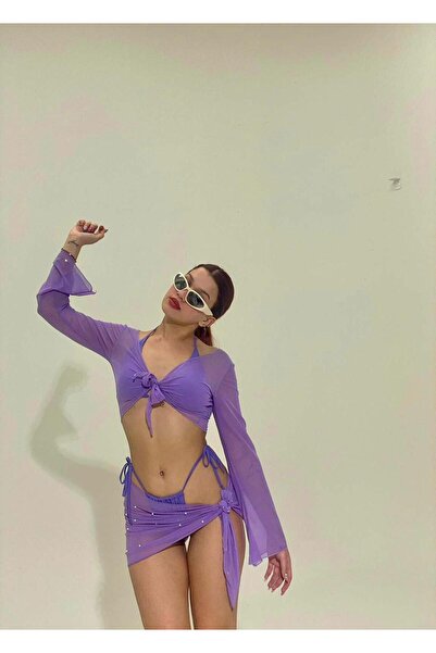 elifbilginbutik Kadın mor renk göğüs Bel Bağlamalı Tül Bluz Etek Görünümlü in...