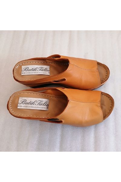 Butik Tülin جلد العجل البرتقالي - شبشب نسائي بكعب مبطن ناعم ومزخرف