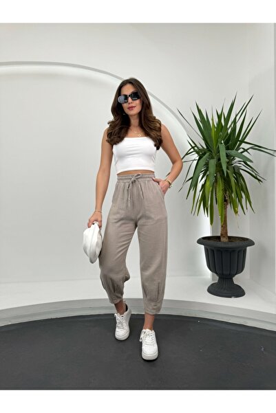 Elif Özbey Butik Plisované kamenné mušelínové kalhoty