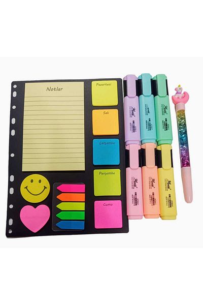 sevgi kırtasiye Adhesive Note Holder Post-it Set 6-Piece Highlighter Pen Set Glittery Watery Gel Pen Set