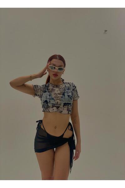 elifbilginbutik Kadın   desenli baskılı  tişört  Tül crop  Etek Görünümlü Alt...