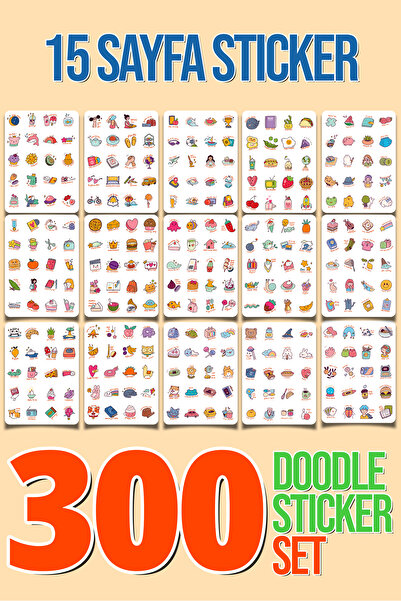 One Little Happiness 300 Adet Doodle Sticker Set -15adetA5SAYFA BOYUT Çıkartm...