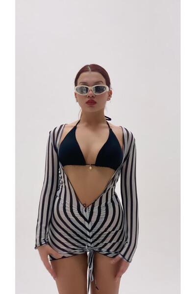 elifbilginbutik Kadın  çizgili önü büzgülü vucudu saran pereo elbise (plaj gi...