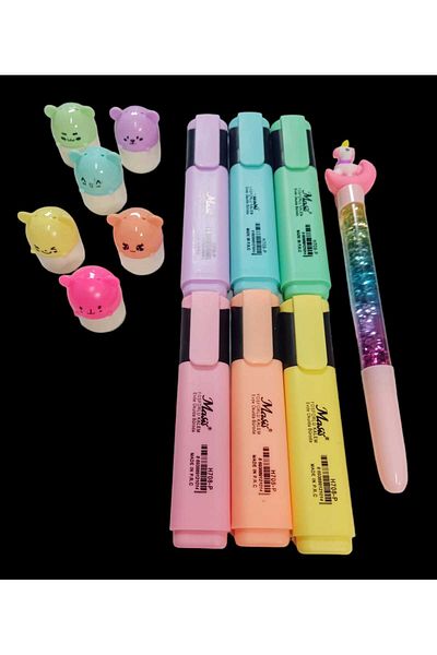sevgi kırtasiye 6-Piece Pastel Highlighter Pen 6-Piece Mini Teddy Bear Highlighter Set with Glitter Water Ballpoint Pen Gift