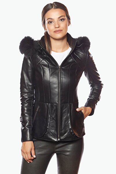 Deriza Black Hooded Women's Leather Coat