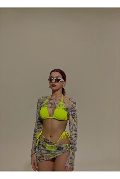 elifbilginbutik Kadın leopar desenli uzun kollu tül  crop   Etek  bağlamalı  ...