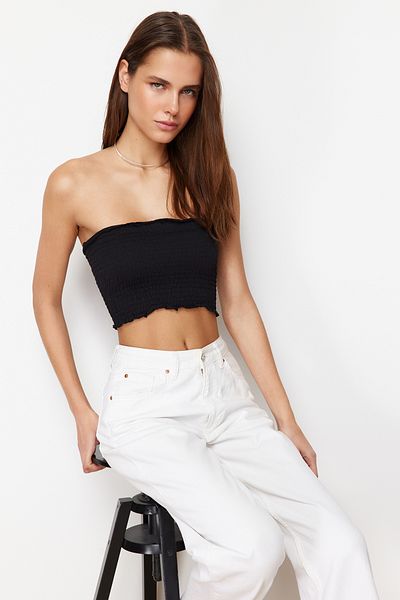 Trendyol Collection Μαύρη Στράπλες Ευέλικτη Πλεκτή Μπλούζα TWOSS23BZ01011