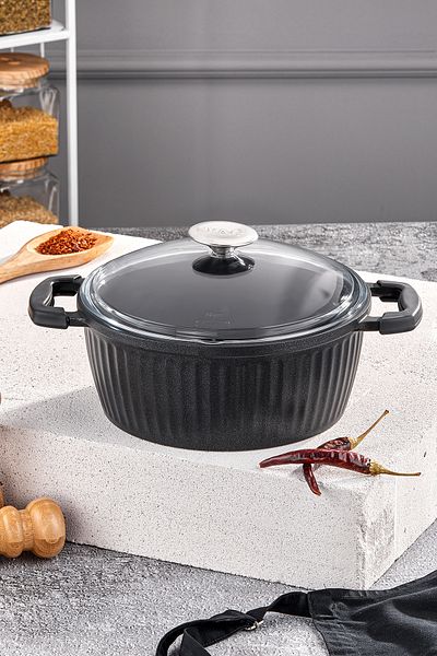 Taç Valeriya Cast Glass Lid Deep Pot 22 Cm Black - TAC-4975