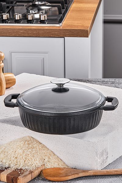 Taç Valeriya Cast Glass Cover Oblated Pot 24 cm Μαύρο - TAC-4972