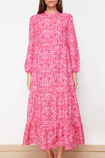 Trendyol Modest Fuchsia Patterned Half Placket Wide Fit Cotton Woven Dress TCTSS23EB00222