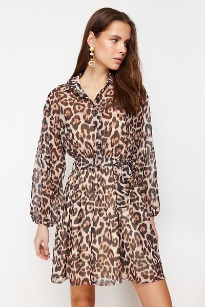 Trendyol Collection Brown Leopard Print Waist Opening Mini Lined Chiffon Woven Dress TWOAW24EL00841