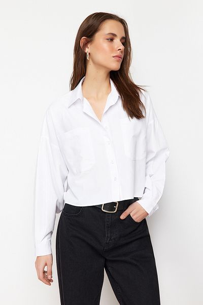 Trendyol Collection Ecru Woven Shirt - Crop Cut, Side Seam Detail, Regular Fit TWOSS24GO00138