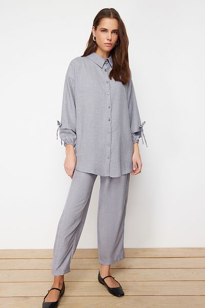Trendyol Modest Gray Linen Look Woven Top and Bottom Set TCTSS24US00062