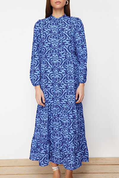 Trendyol Modest Saks Patterned Half Placket Wide Fit Cotton Woven Dress TCTSS23EB00222