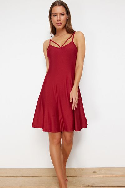 Trendyol Collection Burgundy Chest Piping Detailed Rope Strap Viscose Knitted Nightdress THMSS24GC00027