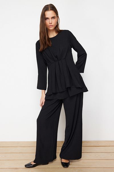 Trendyol Modest Black Drawstring Aerobin Tunic Trousers Woven Bottom Top Set TCTSS24US00009