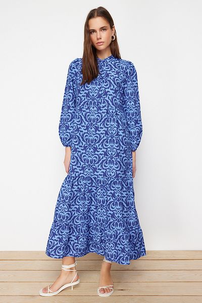 Trendyol Modest Saks gemustertes, gewebtes Baumwollkleid mit halber Knopfleiste und weiter Passform TCTSS23EB00222