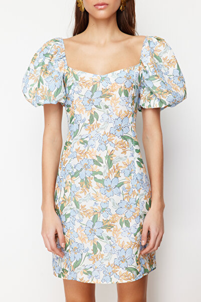 Trendyol Collection Μίνι υφαντό φόρεμα εκρού λουλουδάτο μανίκι με μπαλόνι TWOSS24EL00694