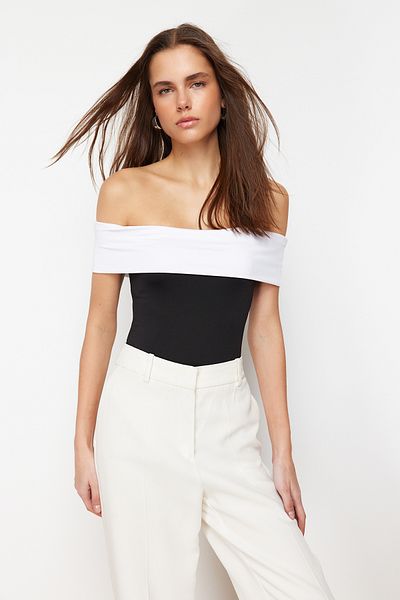 Trendyol Collection Flexible Black Knitted - Fitted Madonna Collar Body with Snap Fasteners TWOSS24BD00040