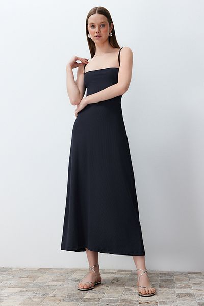 Trendyol Collection Anthracite Strap Back Gipe Detailed Ribbed Maxi Flexible Knitted Maxi Dress TWOSS24EL00275