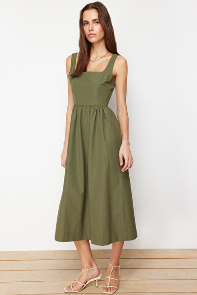 Trendyol Collection Khaki Waist Opening Midi Corset Stitching Detail Midi Woven Dress TWOSS24EL00038