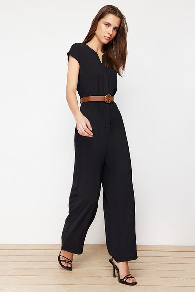 Trendyol Collection Black Belted Double Breasted Collar Sleeveless Maxi Woven Jumpsuit TWOSS24TU00029