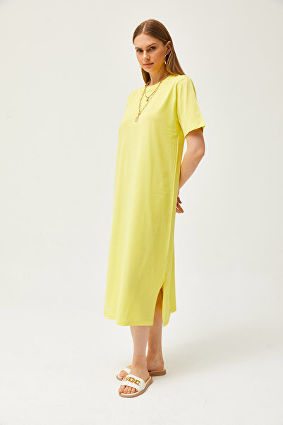 Olalook Γυναικείο Βαμβακερό φόρεμα ανοιχτό κίτρινο στο πλάι oversize ELB-19001880