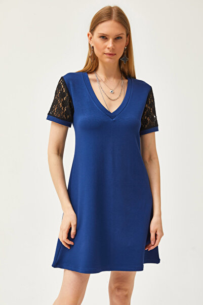 Olalook Жіноче темно-синє мереживне міні-плаття з V-подібним вирізом з м'якою текстурою ELB19002114