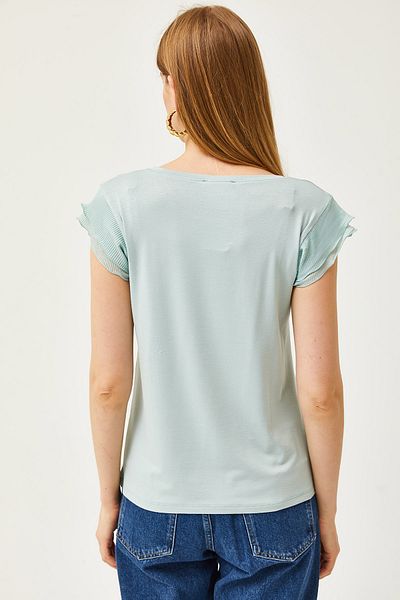 Olalook Wassergrüne, plissierte, gestrickte Viskose-Bluse für Damen BLZ-19002554