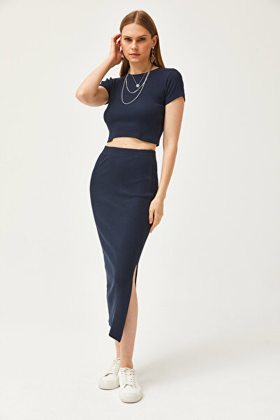 Olalook Kadın Lacivert Kısa Kollu Yırtmaçlı Etekli Likralı Takım TKM-19000194