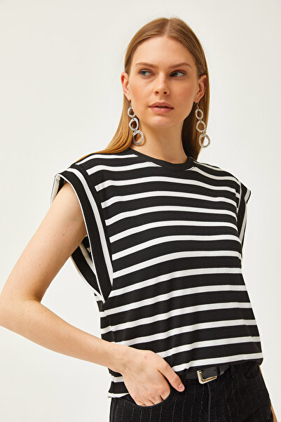 Olalook Dámské černé pruhované tričko z lycry v podpaží TSH-19000802