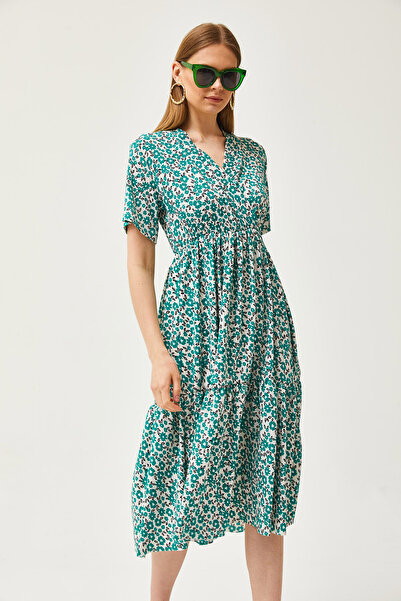 Olalook Γυναικείο φόρεμα Daisy Green ελαστική μέση με διπλό γιακά με σχέδιο ELB-19002115