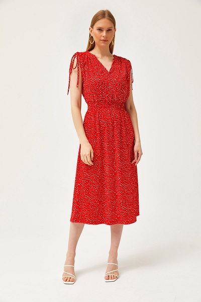 Olalook Women's Red Shoulder Gathered Waist Elastic Dress ELB-19002116