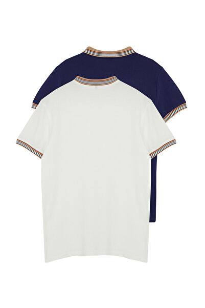 Trendyol Collection Μπλουζάκι Μπλε-Λευκό Navy 2 Pack Slim/Slim Cut Deer κεντημένο 100% βαμβακερό μπλουζάκι με γιακά πόλο TMNSS24PO00031