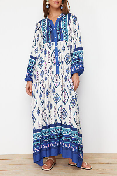 Trendyol Modest Φόρεμα από υφασμένο βισκόζη μπλε φλοράλ TCTSS24EB00234