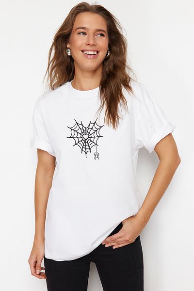 Trendyol Collection White Premium 100% Cotton Spider Web Printed Oversize/Wide Fit Knitted T-Shirt TWOSS24TS00217