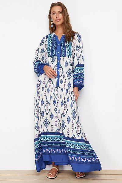 Trendyol Modest Rochie albastra din vascoza cu modele florale TCTSS24EB00234