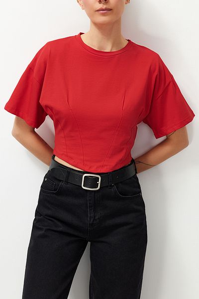 Edit by Trendyol Red Crop Regular Knitted T-Shirt TEDSS24TS00008