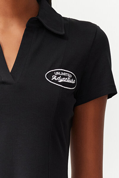 Trendyol Collection Black Skater/Belt Opening Embroidery Cotton Flexible Knitted Mini Dress TWOSS24EL00819