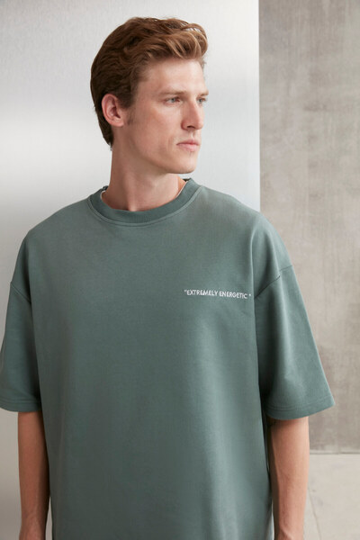 GRIMELANGE Ανδρικό σετ 2 τεμαχίων Colombia Comfort Fit Casual Fit Κέντημα με γράμματα χωρίς ράστερ πράσινη φόρμα