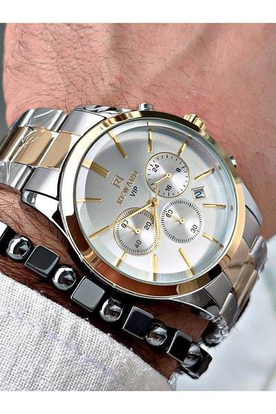 Reward Men's Wristwatch and Bracelet - Gold Silver Colored Steel Cord, Gift