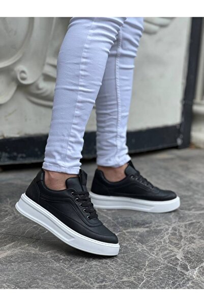 BOA حذاء رجالي كاجوال برباط ونعل عالي من الجلد الأسود KB-006